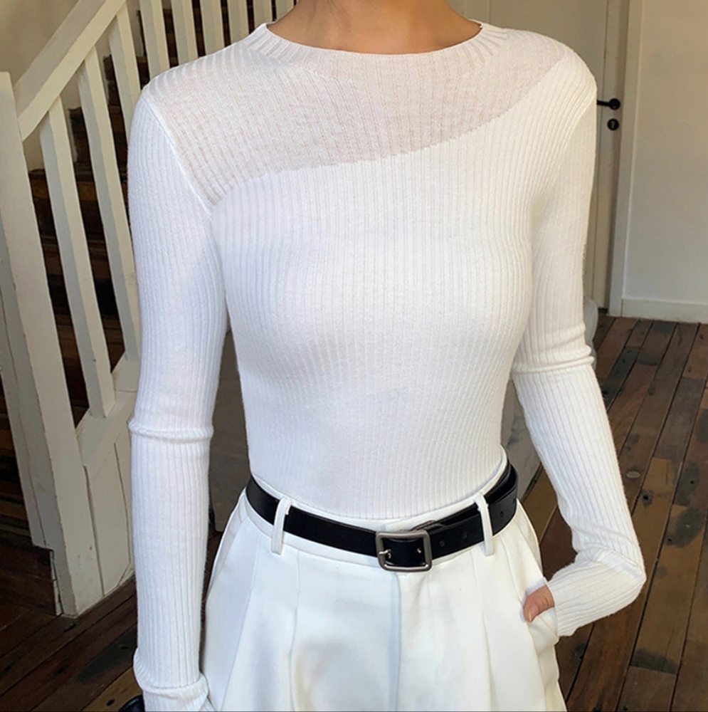 Commense Knit Ribbed Crew Neck Asymmetric Top - White - Small - Picture 7 of 12